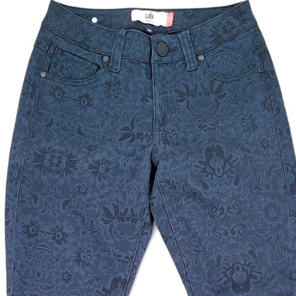 Cabi Skinny Jeans Size 2 Blue Black‎ Floral Print Stretch Indie Boho Chic Pants